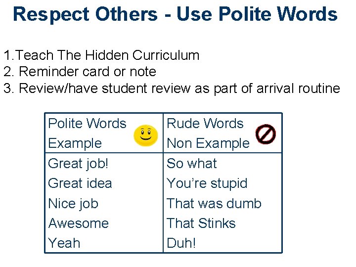 Respect Others - Use Polite Words 1. Teach The Hidden Curriculum 2. Reminder card