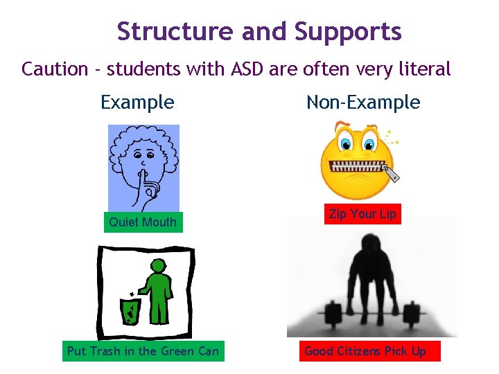 Structure and Supports Caution - students with ASD are often very literal Example Quiet