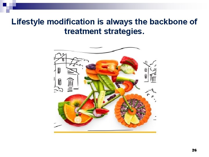 Lifestyle modification is always the backbone of treatment strategies. 26 