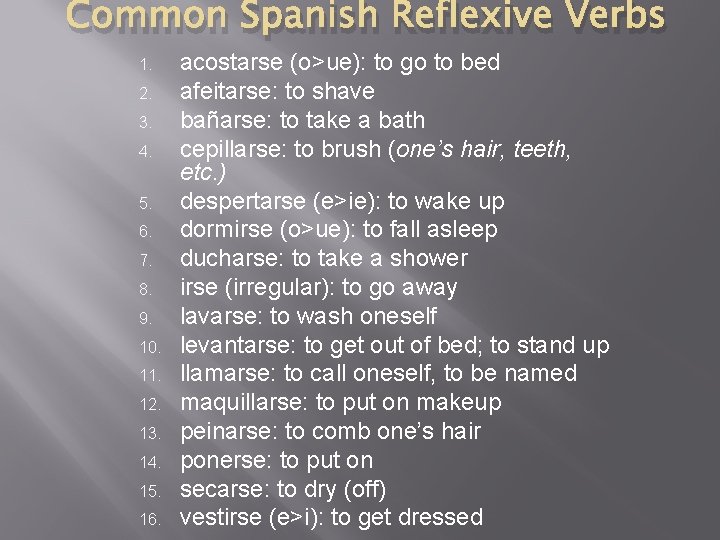 Common Spanish Reflexive Verbs 1. 2. 3. 4. 5. 6. 7. 8. 9. 10.