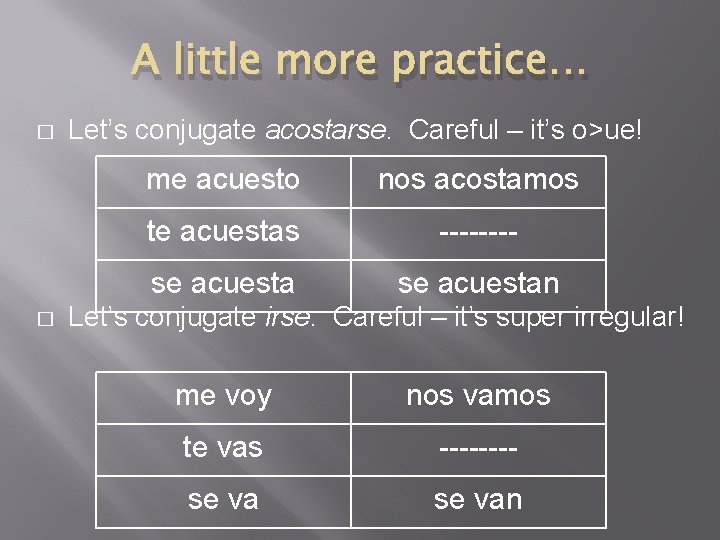 A little more practice… � � Let’s conjugate acostarse. Careful – it’s o>ue! me