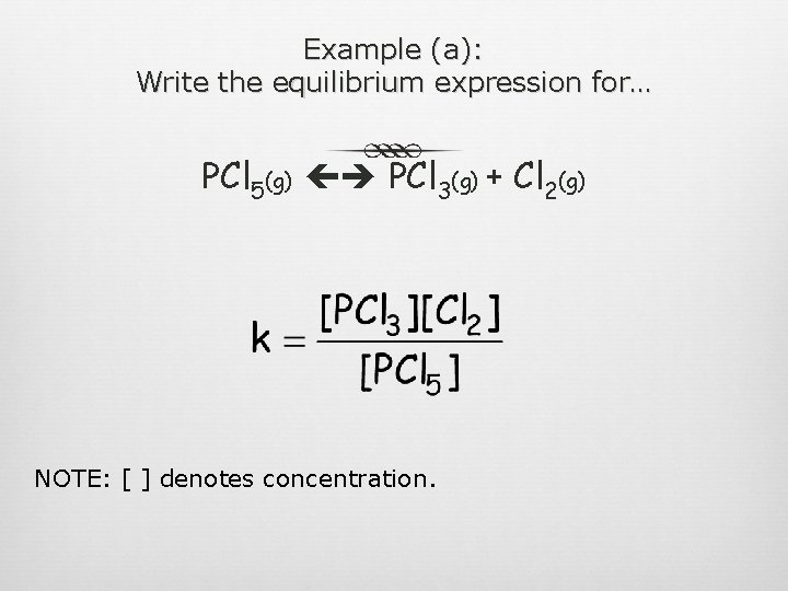 Example (a): Write the equilibrium expression for… PCl 5(g) PCl 3(g) + Cl 2(g)