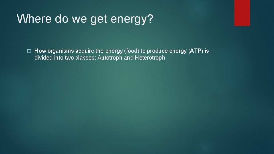 Where do we get energy? � How organisms acquire the energy (food) to produce