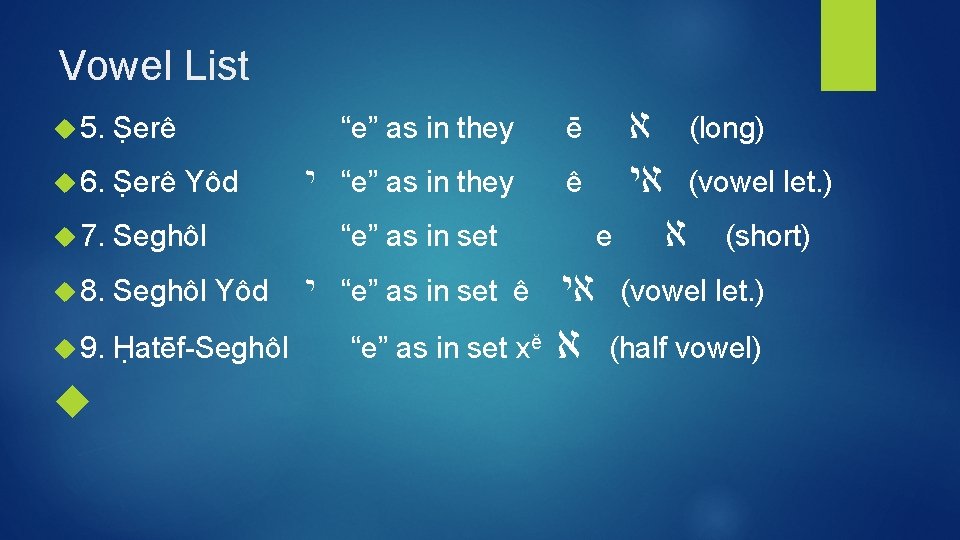 Vowel List 5. Ṣerê 6. Ṣerê Yôd 7. Seghôl 8. Seghôl Yôd 9. Ḥatēf-Seghôl