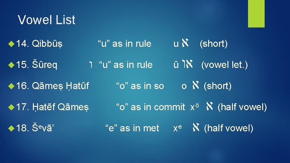 Vowel List 14. Qibbûṣ 15. Šûreq 16. Qāmeṣ Ḥatûf 17. Ḥatēf Qāmeṣ 18. Ševā’