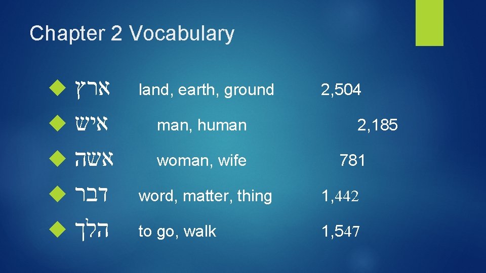 Chapter 2 Vocabulary ארץ איש אשה דבר הלך land, earth, ground man, human woman,