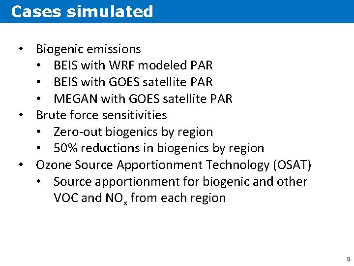 Cases simulated • Biogenic emissions • BEIS with WRF modeled PAR • BEIS with