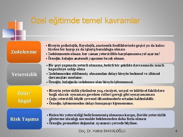 Özel eğitimde temel kavramlar Zedelenme • Bireyin psikolojik, fizyolojik, anatomik özelliklerinde geçici ya da