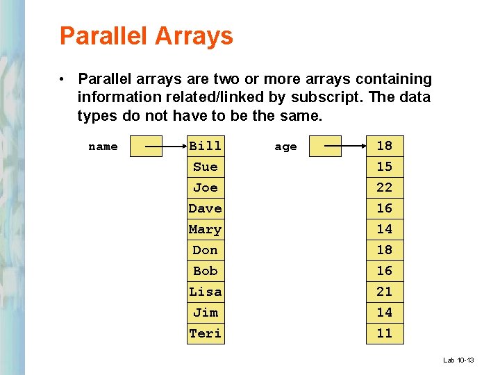 Parallel Arrays • Parallel arrays are two or more arrays containing information related/linked by