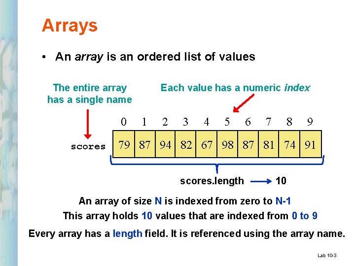 Arrays • An array is an ordered list of values Each value has a