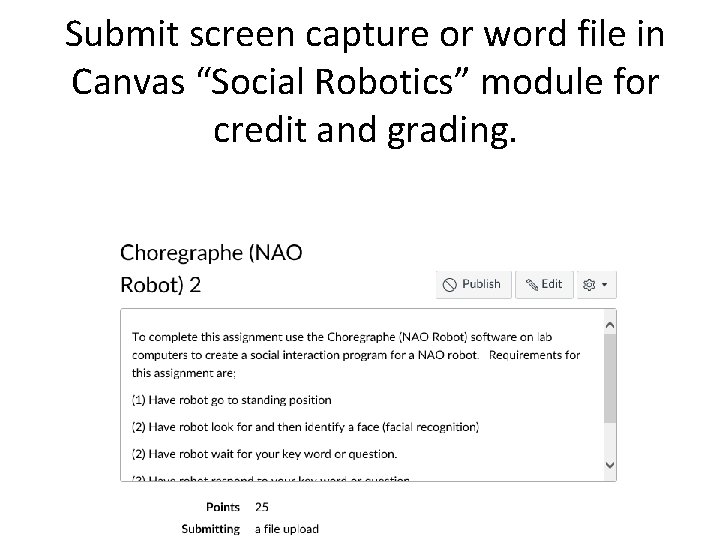 Submit screen capture or word file in Canvas “Social Robotics” module for credit and