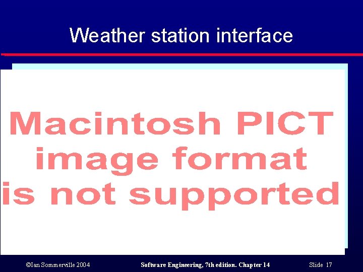Weather station interface ©Ian Sommerville 2004 Software Engineering, 7 th edition. Chapter 14 Slide Weather station interface ©Ian Sommerville 2004 Software Engineering, 7 th edition. Chapter 14 Slide