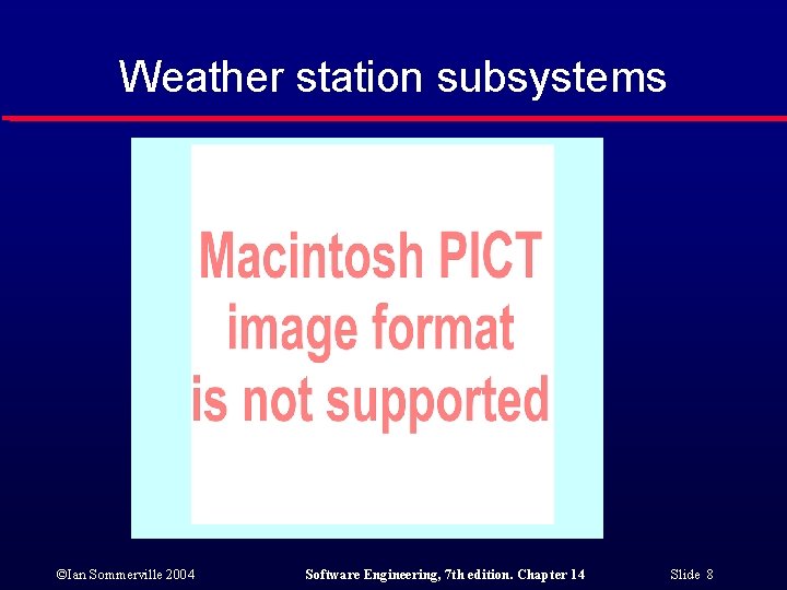 Weather station subsystems ©Ian Sommerville 2004 Software Engineering, 7 th edition. Chapter 14 Slide Weather station subsystems ©Ian Sommerville 2004 Software Engineering, 7 th edition. Chapter 14 Slide
