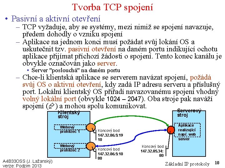 Tvorba TCP spojení • Pasivní a aktivní otevření – TCP vyžaduje, aby se systémy,