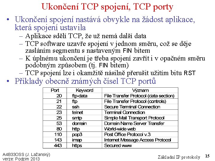 Ukončení TCP spojení, TCP porty • Ukončení spojení nastává obvykle na žádost aplikace, která