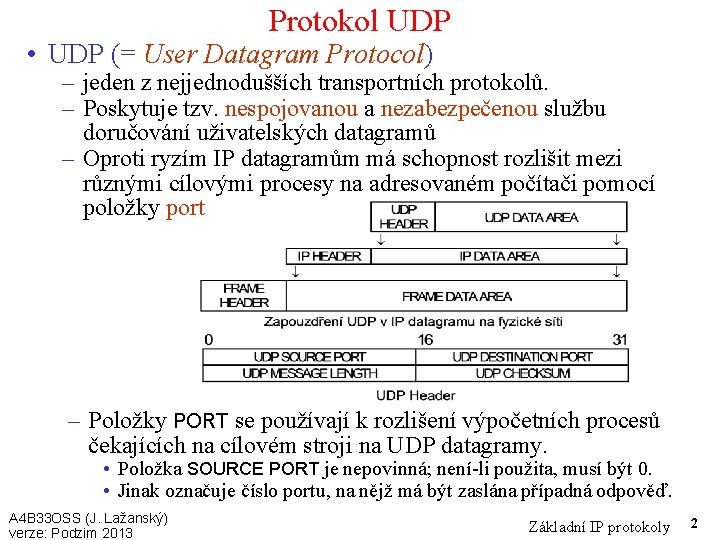 Protokol UDP • UDP (= User Datagram Protocol) – jeden z nejjednodušších transportních protokolů.