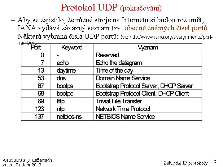 Protokol UDP (pokračování) – Aby se zajistilo, že různé stroje na Internetu si budou