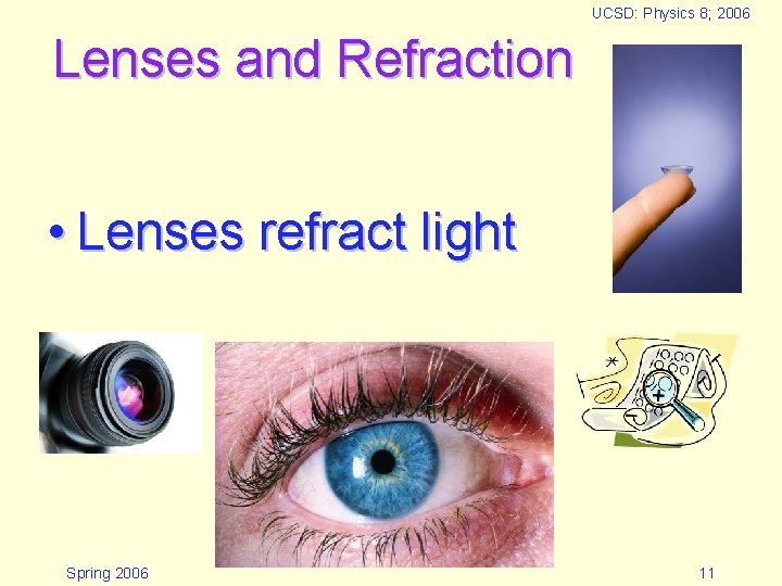 UCSD: Physics 8; 2006 Lenses and Refraction • Lenses refract light Spring 2006 11
