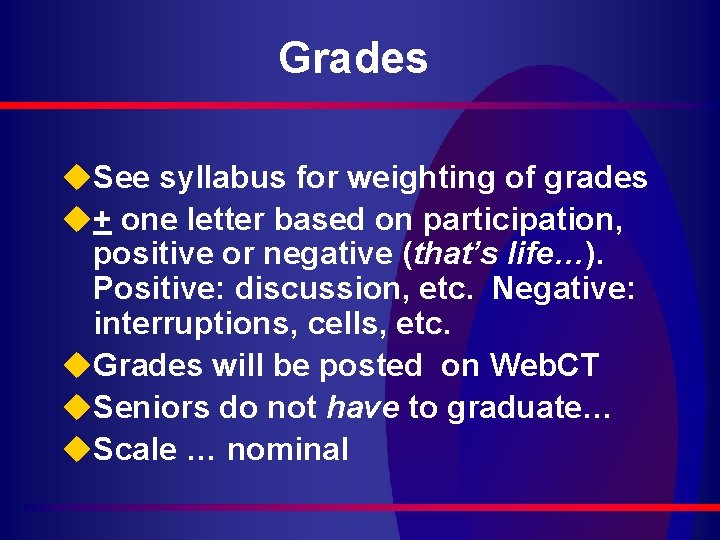 Grades u. See syllabus for weighting of grades u+ one letter based on participation,
