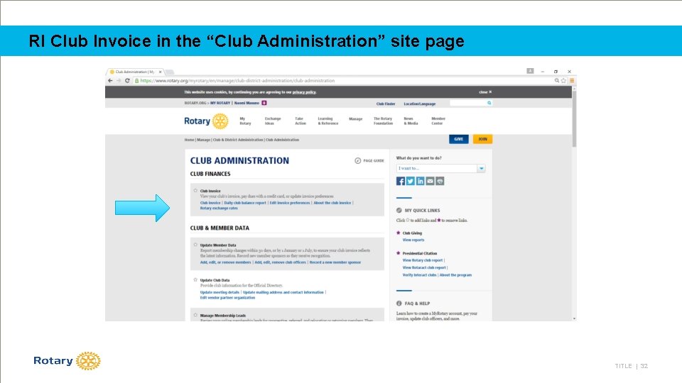 RI Club Invoice in the “Club Administration” site page TITLE | 32 