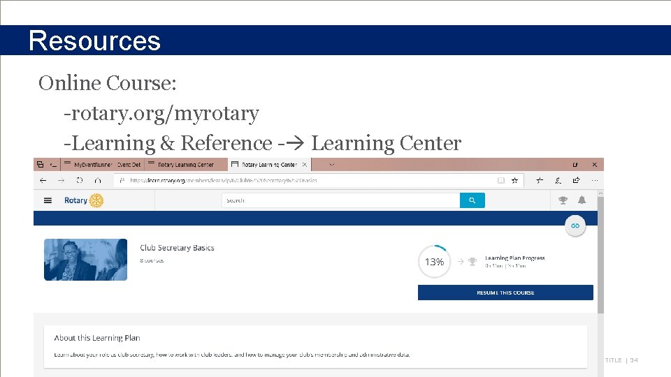 Resources Online Course: -rotary. org/myrotary -Learning & Reference - Learning Center TITLE | 34