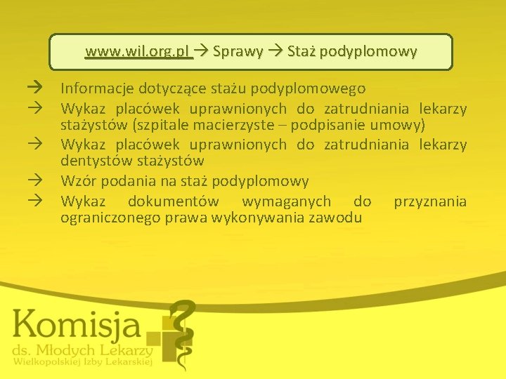 www. wil. org. pl Sprawy Staż podyplomowy Informacje dotyczące stażu podyplomowego Wykaz placówek uprawnionych