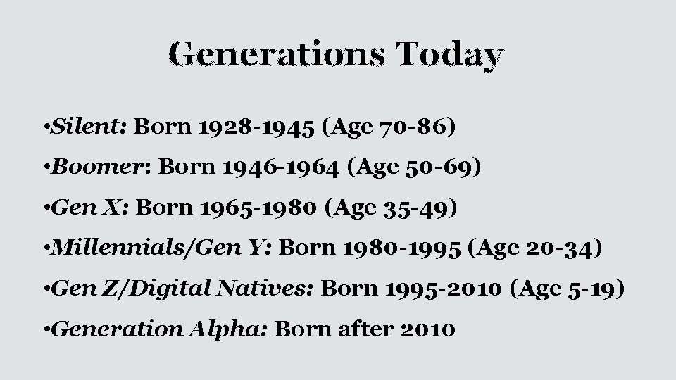 Generations Today • Silent: Born 1928 -1945 (Age 70 -86) • Boomer: Born 1946