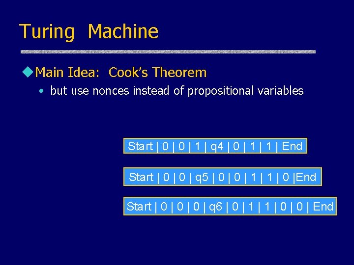 Turing Machine u. Main Idea: Cook’s Theorem • but use nonces instead of propositional