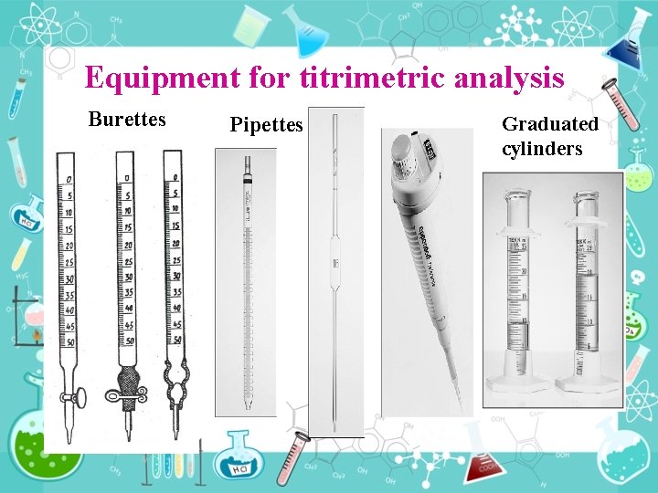 Equipment for titrimetric analysis Burettes Pipettes Graduated cylinders Equipment for titrimetric analysis Burettes Pipettes Graduated cylinders