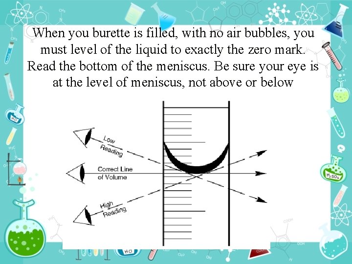 When you burette is filled, with no air bubbles, you must level of the When you burette is filled, with no air bubbles, you must level of the