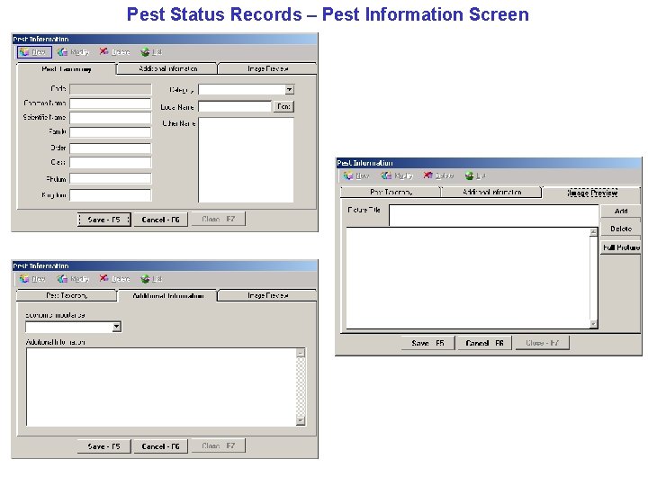 Pest Status Records – Pest Information Screen 