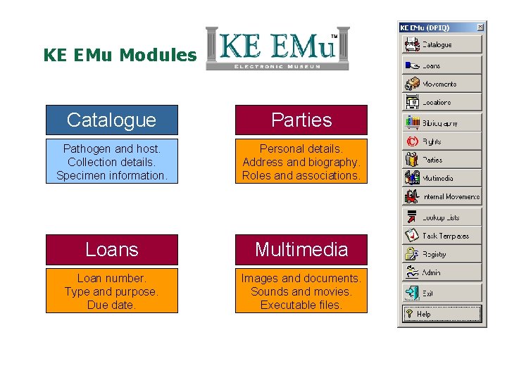 KE EMu Modules Catalogue Parties Pathogen and host. Collection details. Specimen information. Personal details.