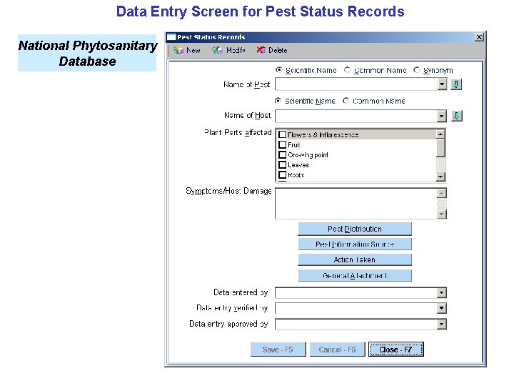 Data Entry Screen for Pest Status Records National Phytosanitary Database 