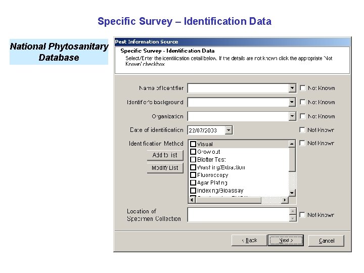Specific Survey – Identification Data National Phytosanitary Database 