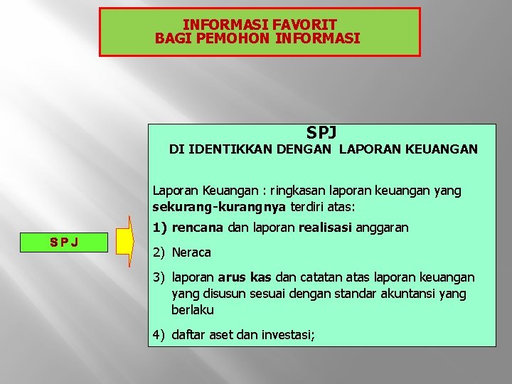 INFORMASI FAVORIT BAGI PEMOHON INFORMASI SPJ DI IDENTIKKAN DENGAN LAPORAN KEUANGAN Laporan Keuangan :