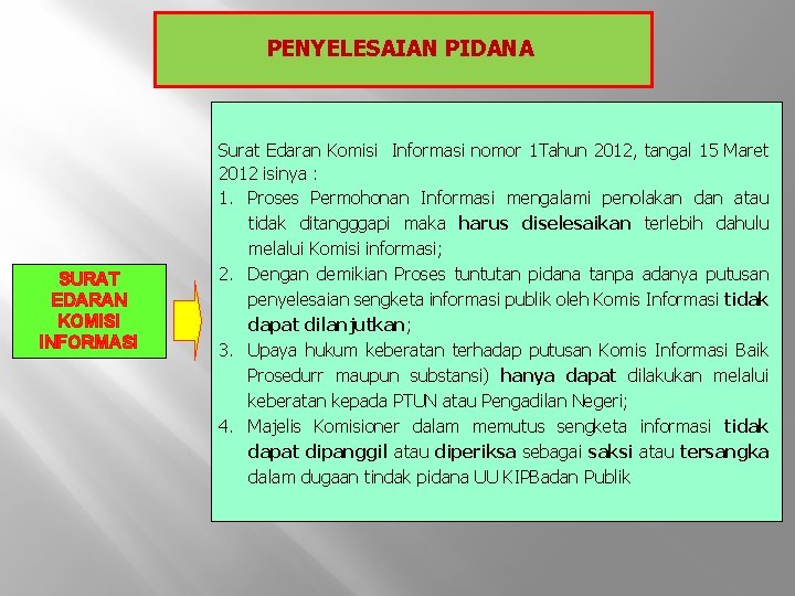 PENYELESAIAN PIDANA SURAT EDARAN KOMISI INFORMASI Surat Edaran Komisi Informasi nomor 1 Tahun 2012,