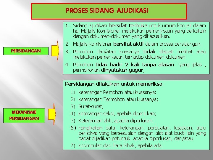 PROSES SIDANG AJUDIKASI 1. Sidang ajudikasi bersifat terbuka untuk umum kecuali dalam hal Majelis