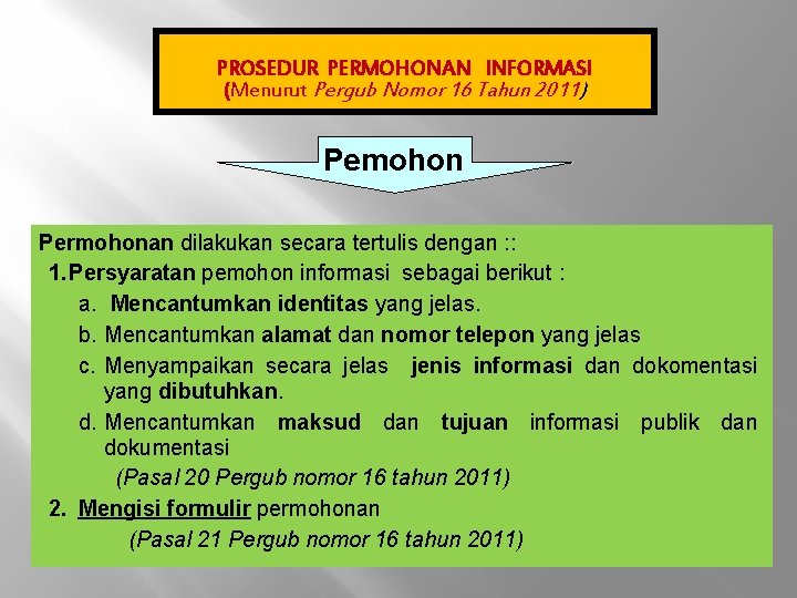 PROSEDUR PERMOHONAN INFORMASI (Menurut Pergub Nomor 16 Tahun 2011) Pemohon Permohonan dilakukan secara tertulis