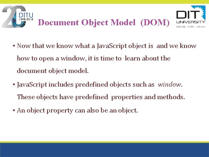 Document Object Model (DOM) • Now that we know what a Java. Script object Document Object Model (DOM) • Now that we know what a Java. Script object