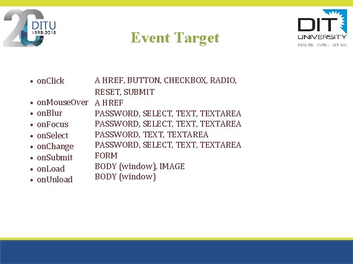 Event Target A HREF, BUTTON, CHECKBOX, RADIO, RESET, SUBMIT • on. Mouse. Over A Event Target A HREF, BUTTON, CHECKBOX, RADIO, RESET, SUBMIT • on. Mouse. Over A
