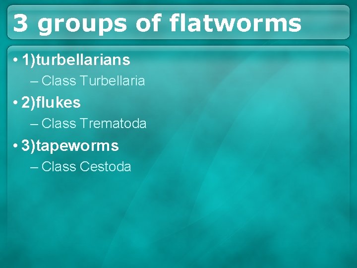 3 groups of flatworms • 1)turbellarians – Class Turbellaria • 2)flukes – Class Trematoda 3 groups of flatworms • 1)turbellarians – Class Turbellaria • 2)flukes – Class Trematoda