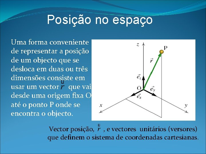 Posição no espaço Uma forma conveniente de representar a posição de um objecto que