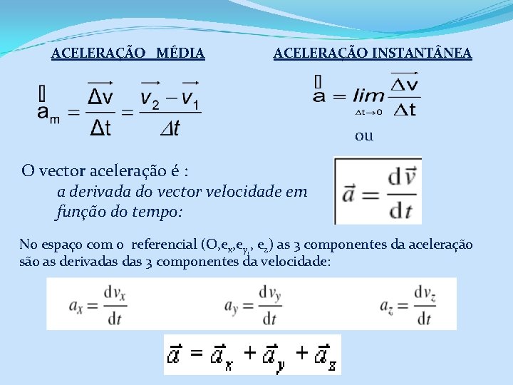 ACELERAÇÃO MÉDIA ACELERAÇÃO INSTANT NEA ou O vector aceleração é : a derivada do