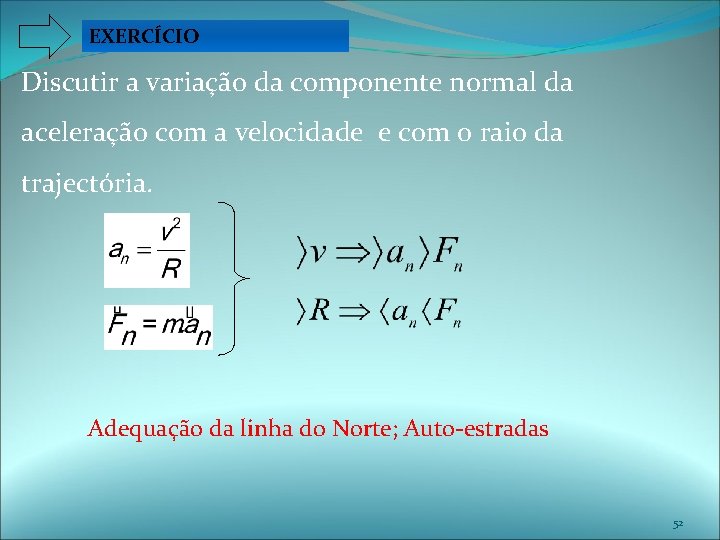 EXERCÍCIO Discutir a variação da componente normal da aceleração com a velocidade e com