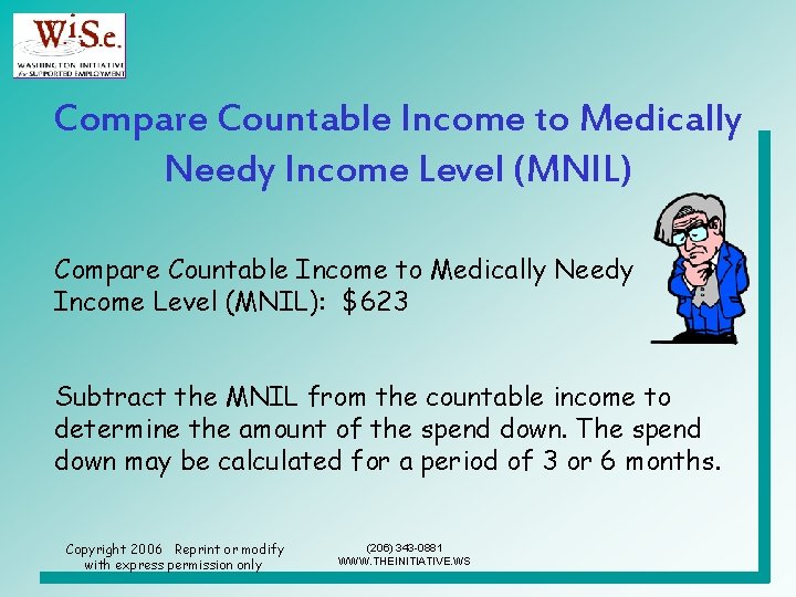 Compare Countable Income to Medically Needy Income Level (MNIL): $623 Subtract the MNIL from