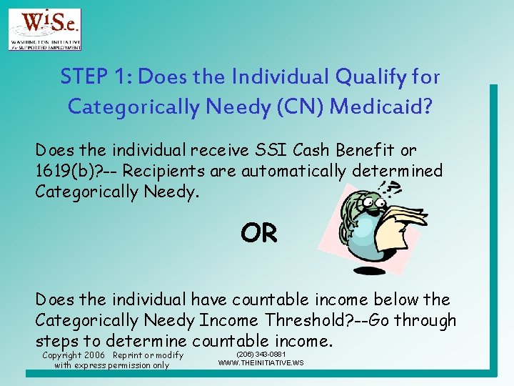 STEP 1: Does the Individual Qualify for Categorically Needy (CN) Medicaid? Does the individual