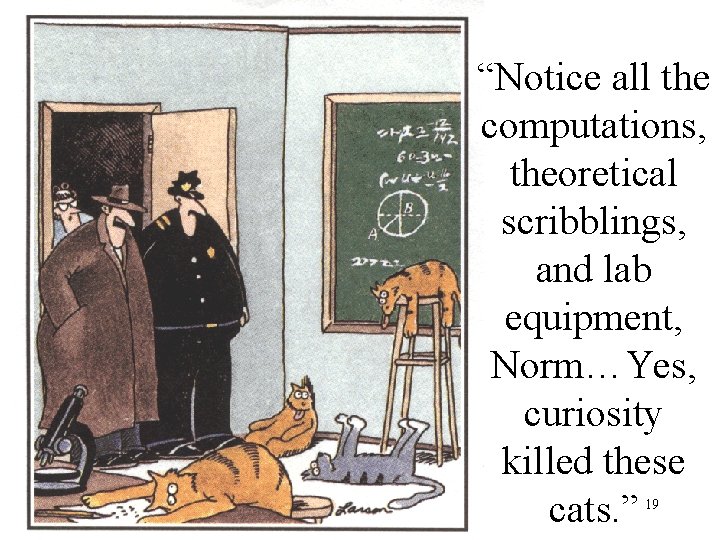 Farside Cartoon: G. Larson “Notice all the computations, theoretical scribblings, and lab equipment, Norm…Yes,