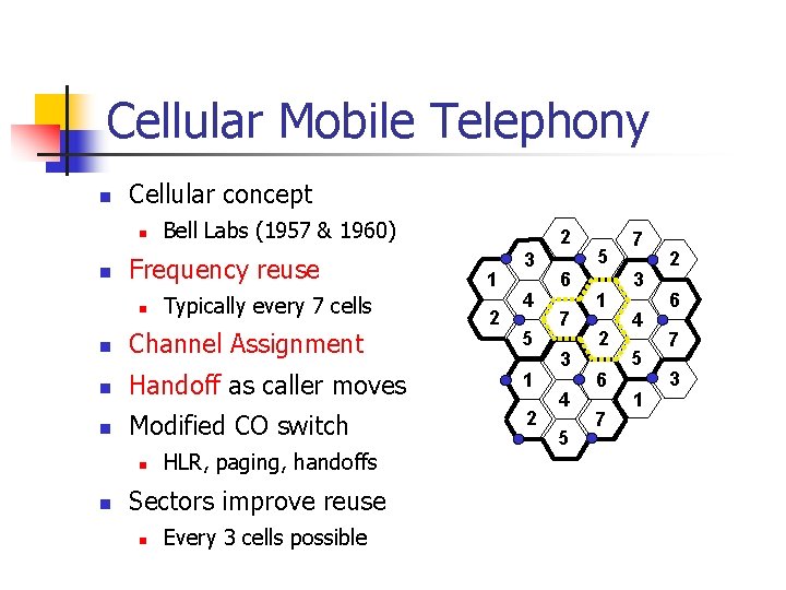 Cellular Mobile Telephony n Cellular concept n n Bell Labs (1957 & 1960) Frequency