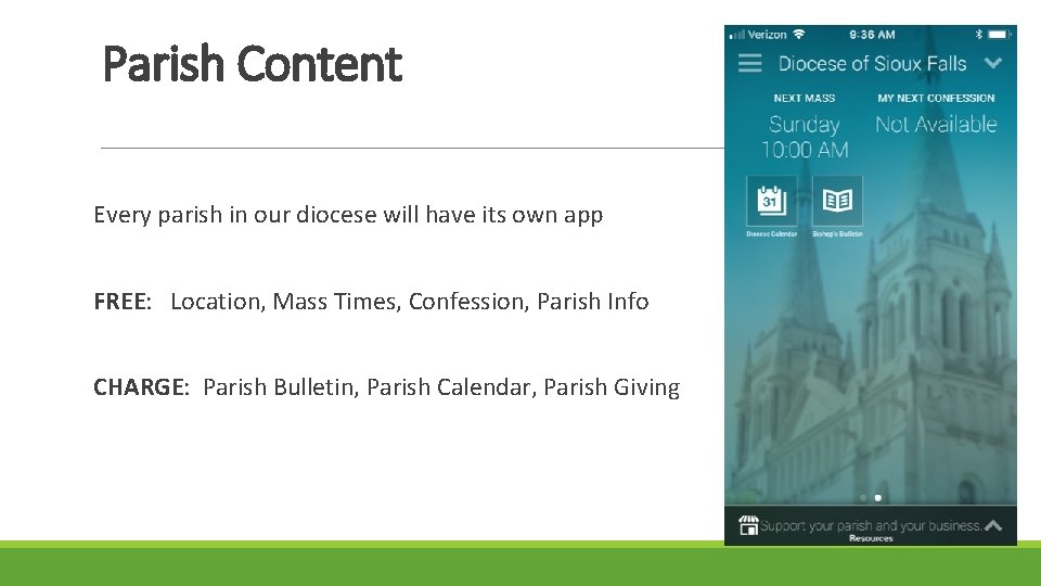 Parish Content Every parish in our diocese will have its own app FREE: Location,