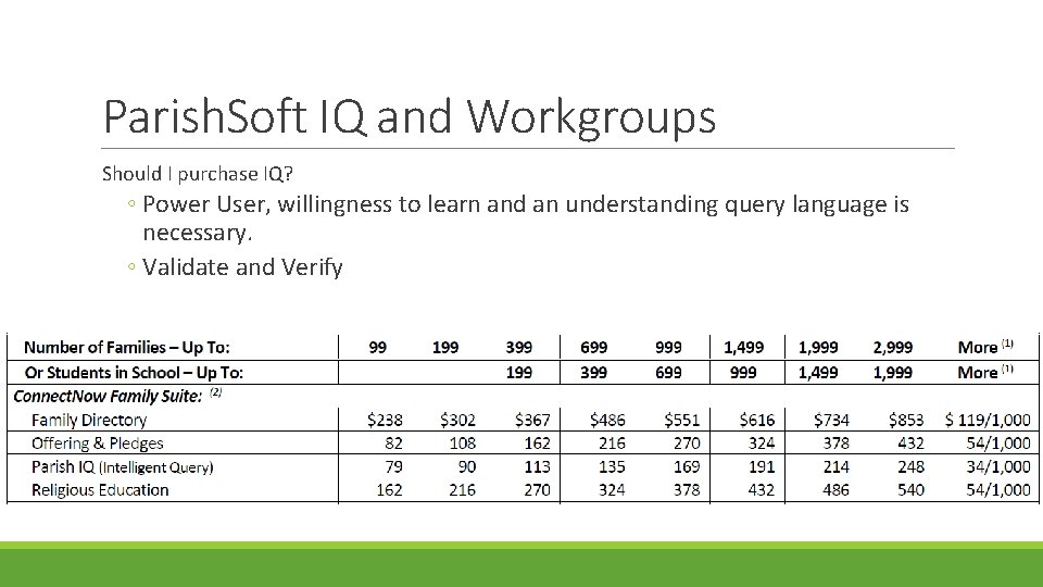 Parish. Soft IQ and Workgroups Should I purchase IQ? ◦ Power User, willingness to